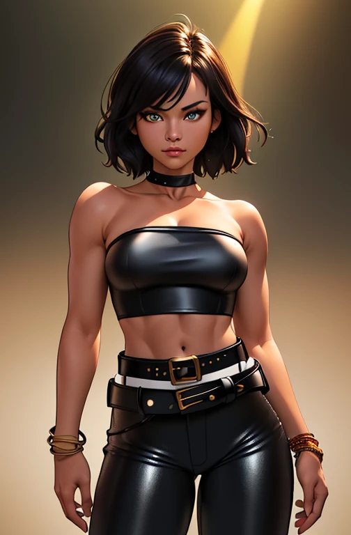 8K, (best quality:1.3), (masterpiece:1.3), (detailed:1.2), UHD, distinct image, (Cowboy shot), ((photogenic, rule of thirds)), RAW photo, (realistic art style:1.2) Solo, (Photorealistic Natural Human Body), 1girl, ((26 year old, Filipino Woman, tanned bronze skin:1.02, short black hair:1.3, Detailed Amber eyes:1.03, Detailed face, medium breasts, (Wearing: Strapless Black tube top, black leather pants, white belt, bracelets:1.2)), (midriff), (agile physique:1.1), (Character Focus),Perfect ???????,(Professional Lighting), Looking at Viewer)), Sony a7 IV and 50mm Sigma f/1.4 ZEISS lens, the portrait is expertly captured by renowned photographer Justin Hogan, known for his sharp focus, film grain and rich, deep colors, shadows. The lighting, featuring a golden warm light and soft, natural volumetric lighting, provides an elegant and ethereal ligthing feel to the shot.
