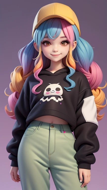 (masterpiece), (better quality), (Super detailed), (whole body: 1.2) host, cap, black sweatshirt, trousers, Jacket, women's shirts, clear smile, whole body, :3, Multi-colored hair, rolled up, curly, modern curly hair, modern accessories, pastel tones background , Colorful and simple.