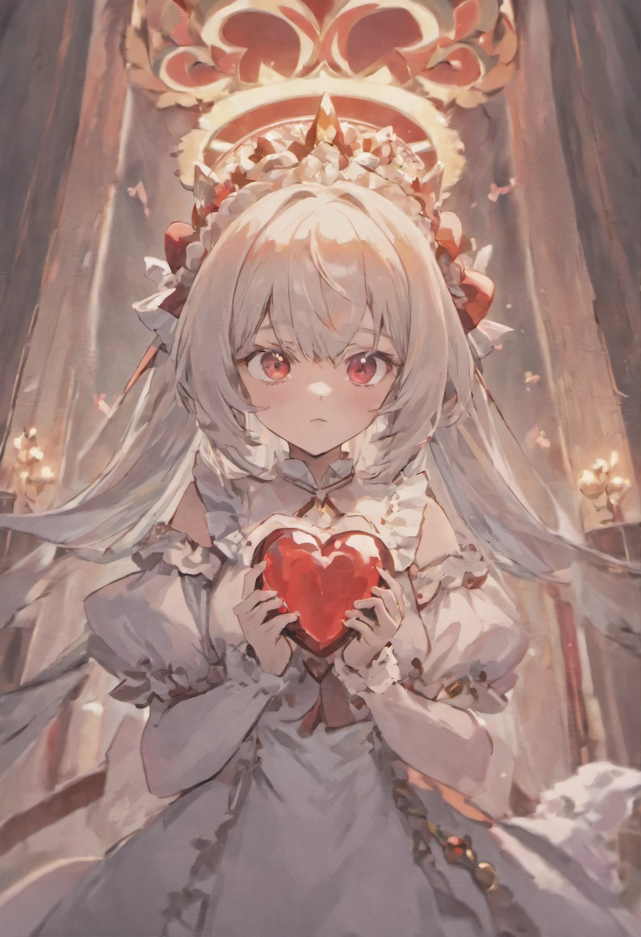 gray hair, maid headdress, heart-shaped pupil, heterochromia, red eyes, White eyes, Cat ear, shy, blush, wrinkled lips, heart in the eyes, anime style, UHD, retina, masterpiece, anatomically correct, rough skin, advanced details, Super detailed, high quality, 最high quality, High resolution, 16k