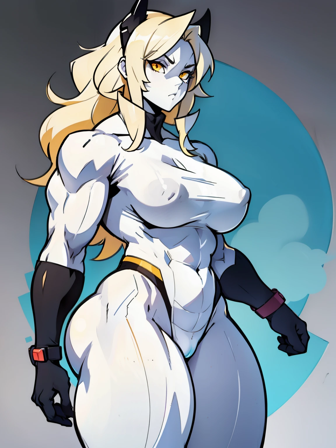(1 girl muscular) yellow eyes large breasts pale skin skintight thick thick