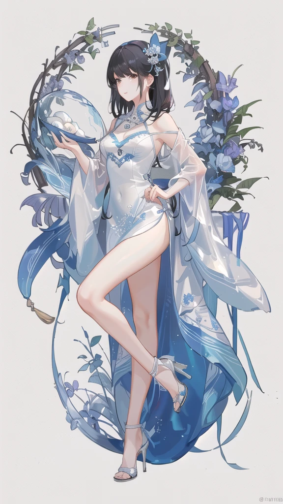 Masterpiece, top quality, 1 girl, white cloth bun bun, finger on mouth, legs wearing white stockings with lace trim, blue cheongsam, blue dress, a little cleavage, shoulders, high heels, black hair, smile, embroidered dress, Full body photo, ancient Chinese style,