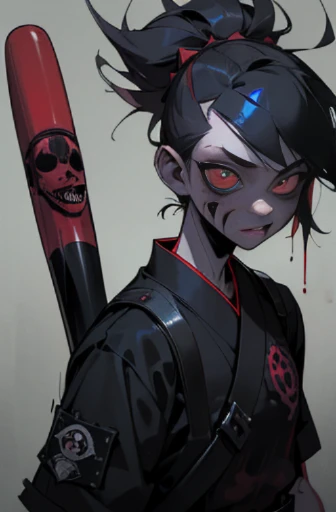 ((18-year-old punk girl,Unusual punk hair:1.3)),((Red and black punk fashion:1.5)),Studded clothing、((He has a bloody baseball bat in his right hand.:1.5))、((Black backpack on the back))、（Light black and blue hair:1.5）,Wacky makeup、breast enhancement, (masterpiece), (High resolution), (super delicate), scribble, nightmare, doll-like face, cartoon style, rough sketch, Horror elements, Comic style illustration, Japanese painting,  Apparition, (Creepy), Japanese carving, crazy illustration, antique, dark atmosphere, flat illustration,Creepyな外観, Distinctive messy hairstyle, creative accessories, unique atmosphere
