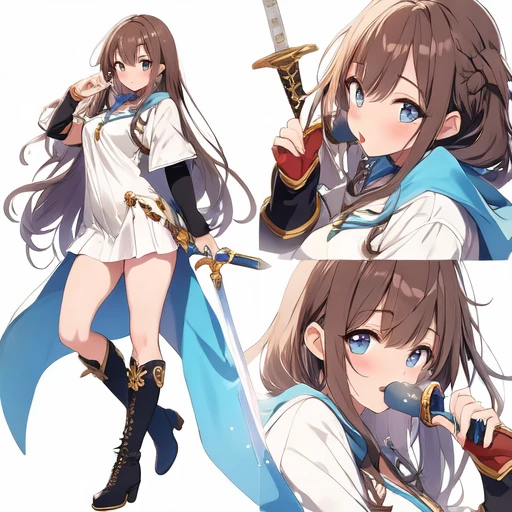 masterpiece, best quality, cute eyes, 1girl, solo, ((white background)), full body, multiple views, boots, sword, fellatio,
