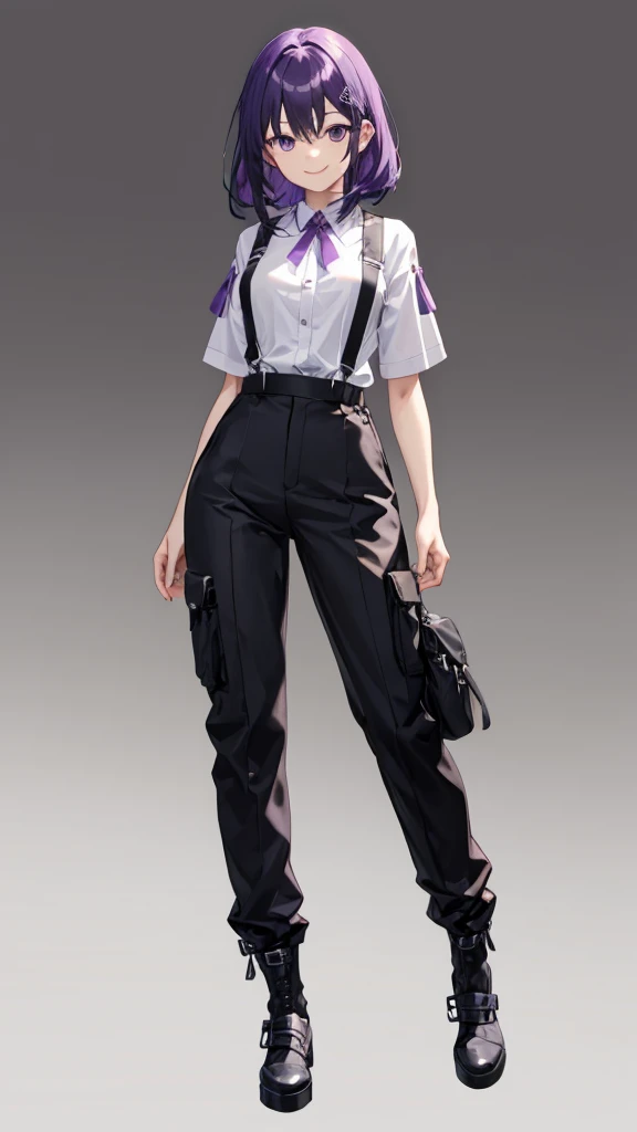 purple hair girl,medium hair,Harness,pants,simple background,smile,whole body,full body,full body,arm to the side,Standing picture,vtuber,front,from front,Viewer&#39;s perspective,視線をfrontに,
