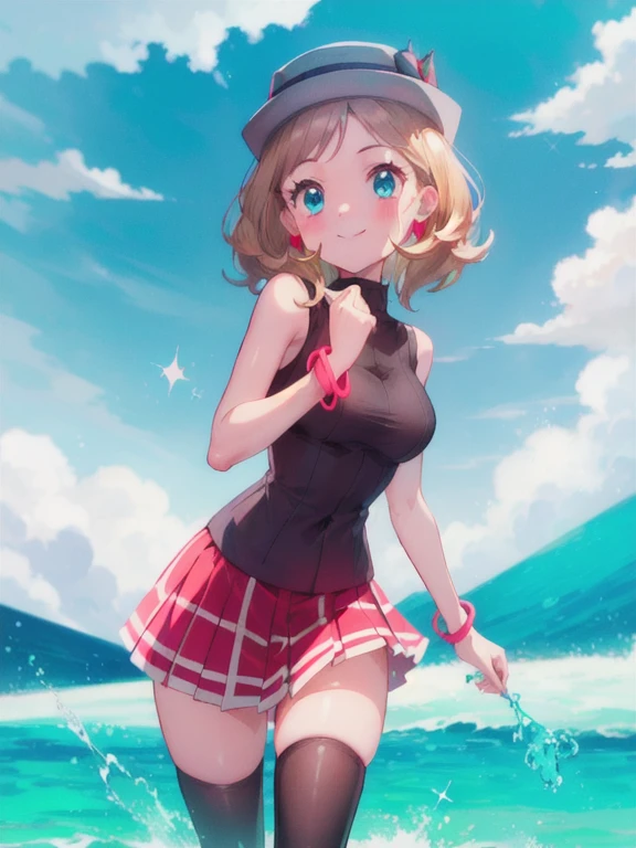 gonzarez, masterpiece, Serenaj, 1girl, grey headwear, solo, jewelry, thighhighs, sleeveless turtleneck, turtleneck, skirt, smile, sweater vest, blonde hair, earrings, hat, blue eyes, sleeveless, closed mouth, eyelashes, vest, blush, bangs, breasts, medium hair, bracelet, looking at viewer, outdoors, black thighhighs, brown thighhighs, sky, day, sparkle, shiny, cloud, pleated skirt, red skirt, brown vest, water, cowboy shot,  