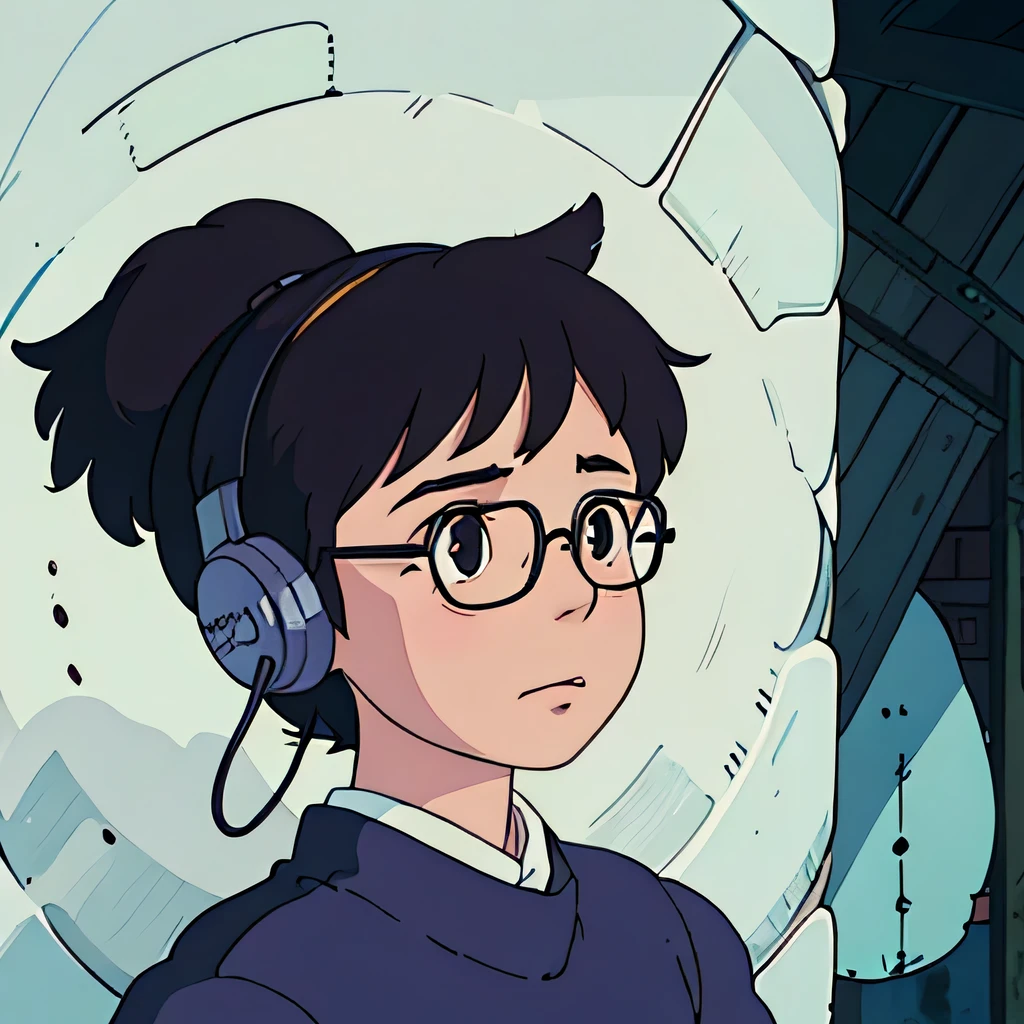 a close up of a person with glasses, both eye looking right to the viewers and wearing headphone cover both ears, style in ghibli anime, style in ghibli anime style, style of hayao miyazaki, by Miyazaki, hayao miyazaki style, hayao miyazaki's animation style, miyazaki style, miyazaki film