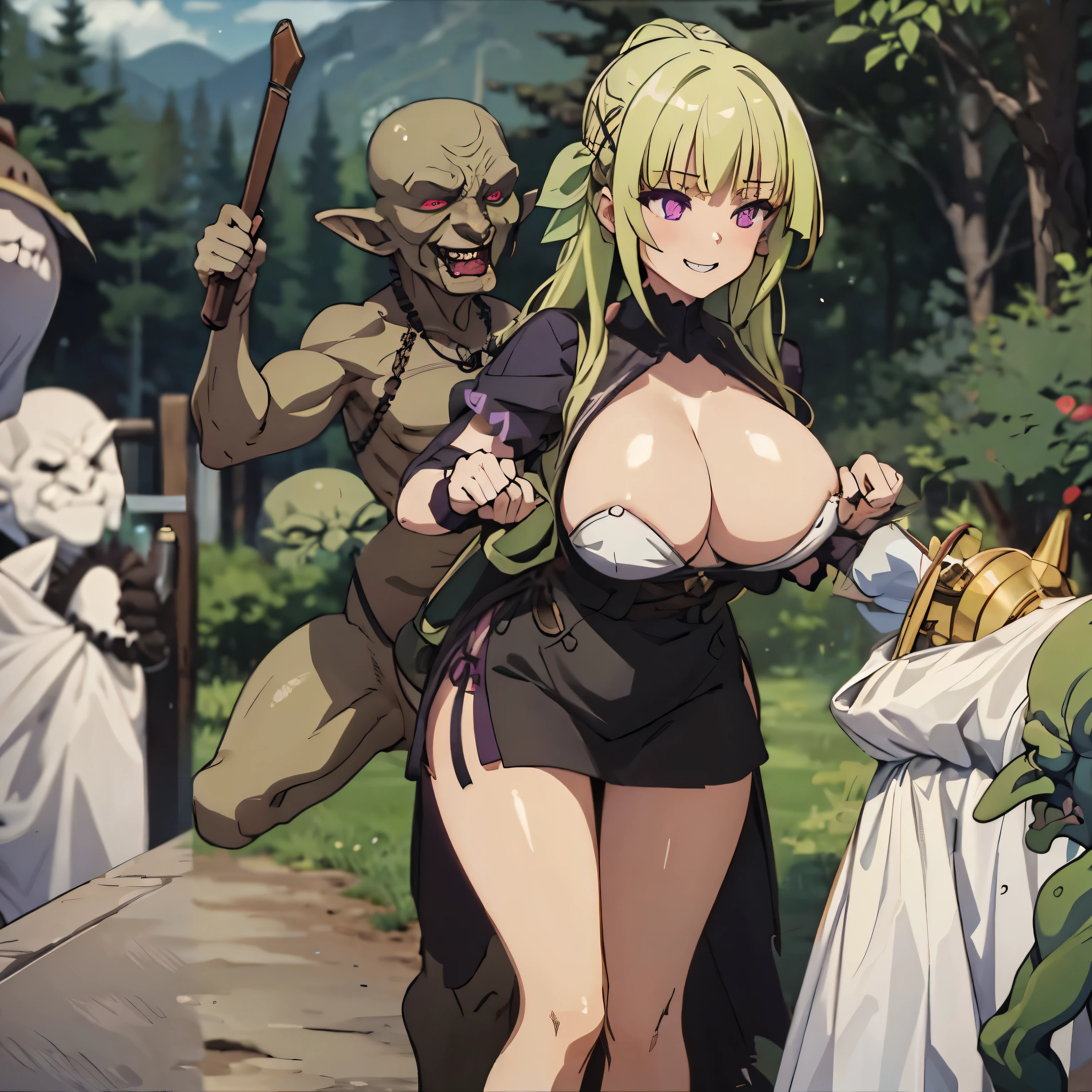 Goblin, goblin gangbang, goblins, multiple boys, large penis, huge penis, holding weapon, glowing eyes, monster, horror