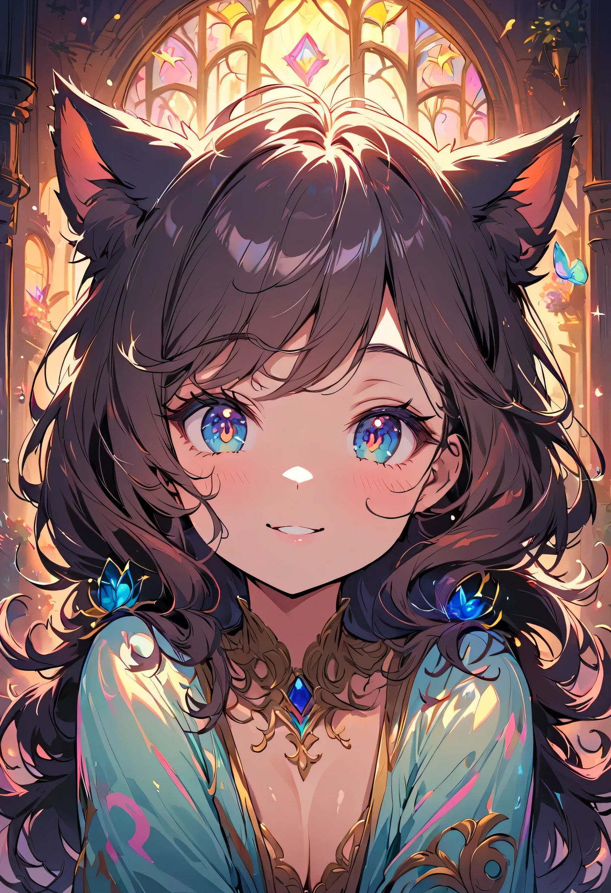 cartoon,portrait,cat ears,beautiful details eyes,Beautiful detailed lips,beautiful silky skin,middle smile,Peerless beauty,Extraordinary sexy beauty,Beautiful gentle and bright expression,Sexy and refreshing look,Perfectly beautiful and lovely face hidden in glossy golden silk hair,beautiful hair on face,Very cute beautiful sexy young little woman, Very perfect beautiful and lovely face,Beautiful, lovely and clear big eyes,playful expression,medium:cartoon style,Soft pastel shades,soft light,Gorgeous background,sparkling eyes,Happy and optimistic atmosphere