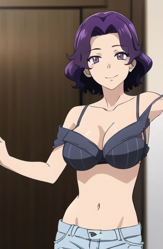 ((best quality)),((highly detailed)),masterpiece,absurdres, detailed face,beautiful face,(detailed eyes, deep eyes),(1girl),((dynamic pose)), Azusa, solo, purple hair, shorts, purple eyes, smile, short hair, shoulder cutout, breasts, looking at viewer, short shorts, bare shoulders, medium breasts, cowboy shot, large breasts, hair intakes, blue shorts, denim, mole under eye, door, collarbone, denim shorts, striped, indoors, casual, standing, no shirt, off the shoulder, microbikini, breastsout
