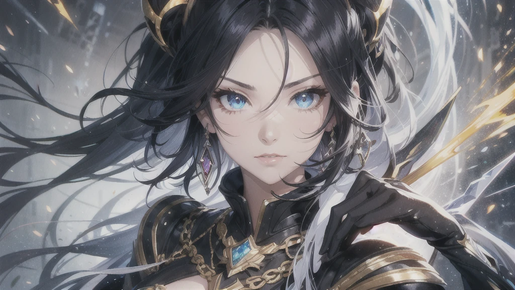 a mature woman, Confident, mighty and strong, (black blue hair streaked sky blue luminous hair), ((Extra long high ponytail with single side ear front hair combed in back)), floating hair, hair strand, shiny hair, blue amber eyes, pupils sparkling, aqua eyes, glowing eyes, pupils sparkling, upturned eyes, long upper eyelashes, double eyelids, deep red purple lips, white crystal earrings, a slight smile, (((Glowing clothing effect))), (Silver full body heavy armor), (((super high exquisite black and gold twin color pattern on silver armor))), ((Right hand holds a silver spear with lightning)), ((The left forearm is surrounded by fire and lightning)), (A huge upright lightning ring totem floats behind the shoulders), She is a war goddess, Random pose, Random expressions, Random background, White light surrounding the body, god rays, anime, full_body, Wide-Angle, UHD, masterpiece, award winning, 8k, super detail, best quality, retina, ccurate, super textured skin, super detail face, perfect face, Super fine facial details, beautiful and delicate eyes, perfect eyes, anatomically correct, correct limbs, correct finger, super detail finger, best hair quality, best clothing quality, best prop quality, best totem detail and quality, complex totem detail