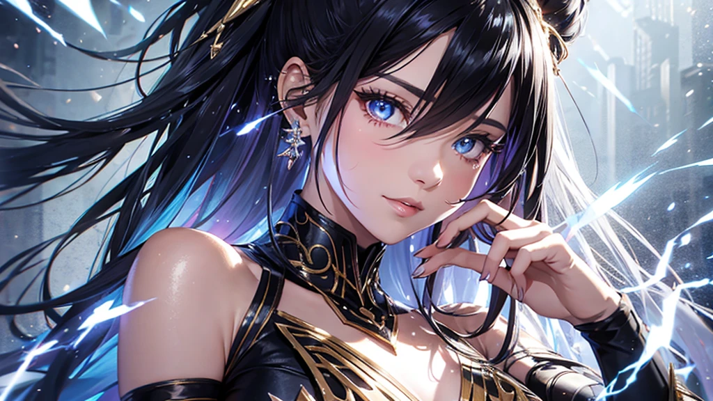 a mature woman, Confident, mighty and strong, (black blue hair streaked sky blue luminous hair), ((Extra long high ponytail with single side ear front hair combed in back)), floating hair, hair strand, shiny hair, blue amber eyes, pupils sparkling, aqua eyes, glowing eyes, pupils sparkling, upturned eyes, long upper eyelashes, double eyelids, deep red purple lips, white crystal earrings, a slight smile, (((Glowing clothing effect))), (Silver full body heavy armor), (((super high exquisite black and gold twin color pattern on silver armor))), ((Right hand holds a silver spear with lightning)), ((The left forearm is surrounded by fire and lightning)), (A huge upright lightning ring totem floats behind the shoulders), She is a war goddess, Random pose, Random expressions, Random background, White light surrounding the body, god rays, anime, full_body, Wide-Angle, UHD, masterpiece, award winning, 8k, super detail, best quality, retina, ccurate, super textured skin, super detail face, perfect face, Super fine facial details, beautiful and delicate eyes, perfect eyes, anatomically correct, correct limbs, correct finger, super detail finger, best hair quality, best clothing quality, best prop quality, best totem detail and quality, complex totem detail
