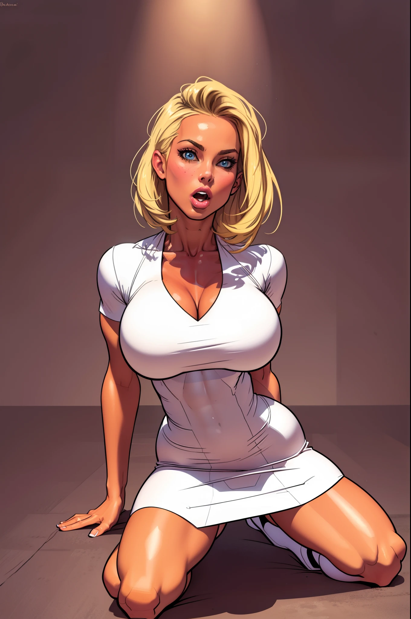 a drawing of a female nurse, kneeling, (pink skintone:0.9), looking up, eye contact, (mouth wide open:1.0), muscular body, feminine, huge round breasts, low-cut white dress, (blonde hair:1.0), veins, beautiful face, full lips, slim face, high cheekbones, muscular, in the art style of mohrbacher, in style of peter mohrbacher, thin body, lean body