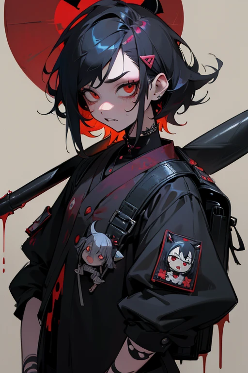 ((18-year-old punk girl,Unusual punk hair:1.3)),((Red and black punk fashion:1.5)),(Stuffed cow:1.5)Studded clothing、((He has a bloody baseball bat in his right hand.:1.5))、((Black backpack on the back))、(Light black and blue hair:1.5),Wacky makeup、full body, (masterpiece), (High resolution), (super delicate), scribble, nightmare, doll-like face, cartoon style, rough sketch, Horror elements, Comic style illustration, Japanese painting, Apparition, (Creepy), Japanese carving, crazy illustration, antique, dark atmosphere, flat illustration,Creepyな外観, Distinctive messy hairstyle, creative accessories, unique atmosphere
