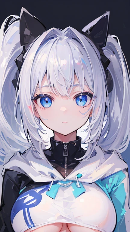 
((highest quality、High resolution、ultra detailed face, 8K、masterpiece:1.8))、dynamic angle、I can see the whole body、wallpaper、1 girl、unparalleled beauty、ultimate beauty、super detailed face、delicate eyes、blue eyes, loving smile、sexy look、shirtlift tease, looking at the camera、Depth of bounds written、light particles、side light、ponytail、silver hair、white hoodie、black shortskirt, cropped hoodie underboob, Exposed underboob, huge breasts, white stockings, Sneakers、slim、slender、Street park ,