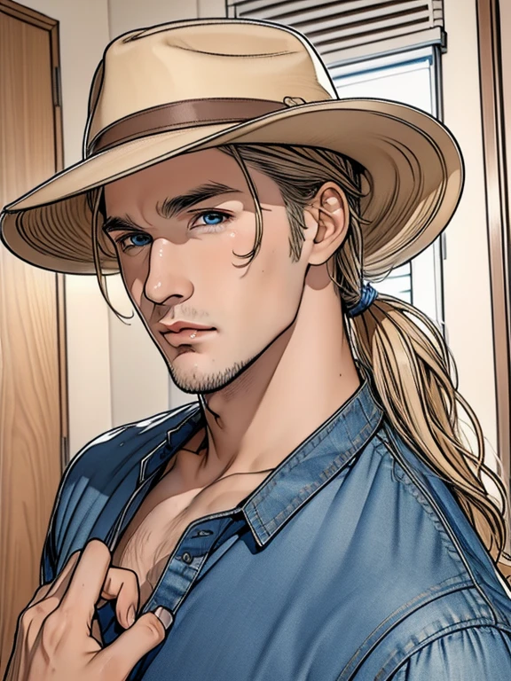 (masterpiece, disorganized, High resolution, super detailed), 1 man, wavy blonde hair, adult, blue eyes, ponytail, male focus,handsome face, casual clothes, attractive, Lovely, small eyes and face, tanned skin, He strikes a stylish pose wearing his 10-gallon hat pulled low.