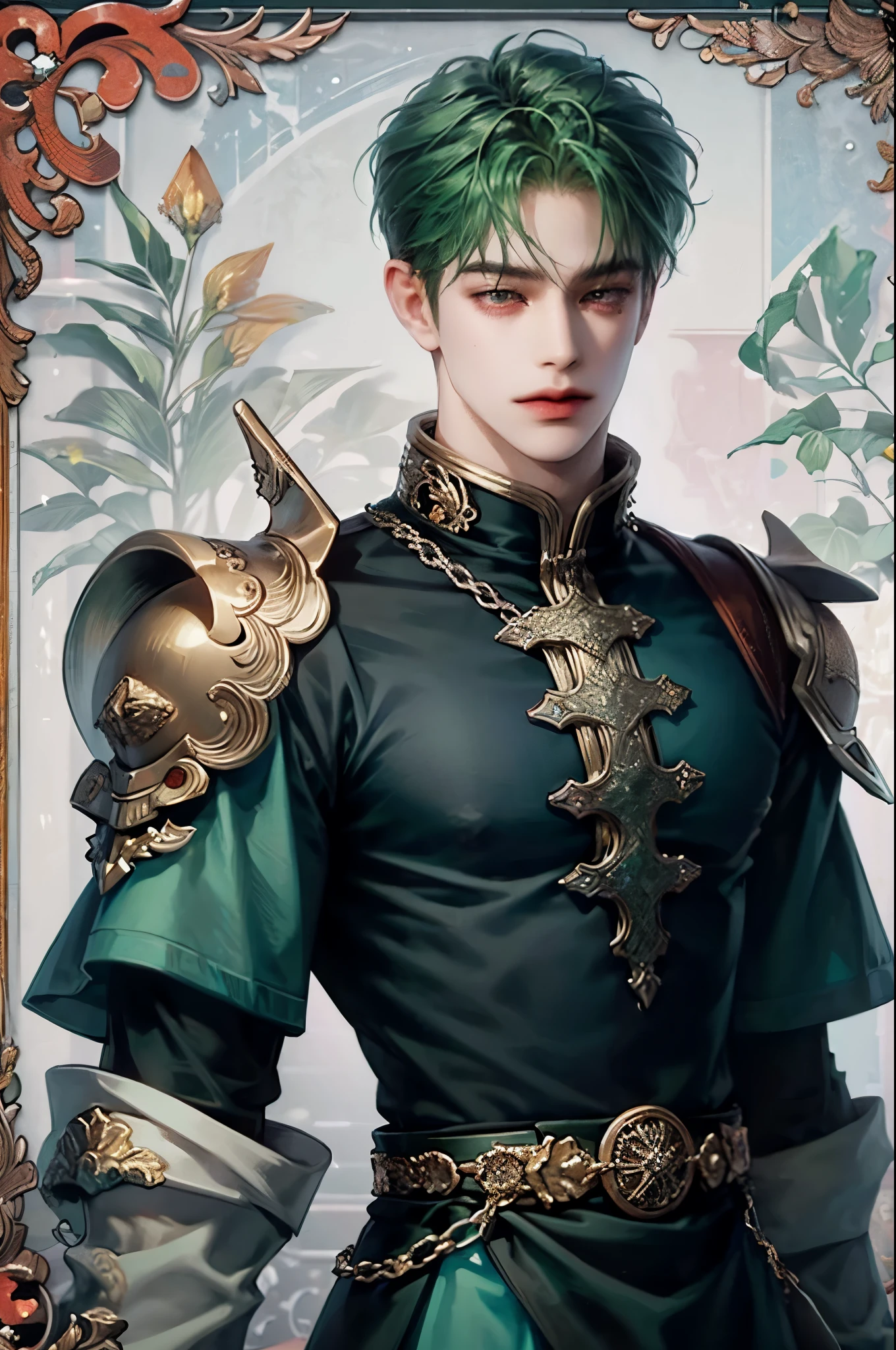 masterpiece, best quality, 1man, teen, male focus, solo, medium green hair, vibrant red eyes, looking at viewer, closed mouth, emo, Fantasy aesthetics, Highly detailed, Ragnarok online game style, hero clothes 