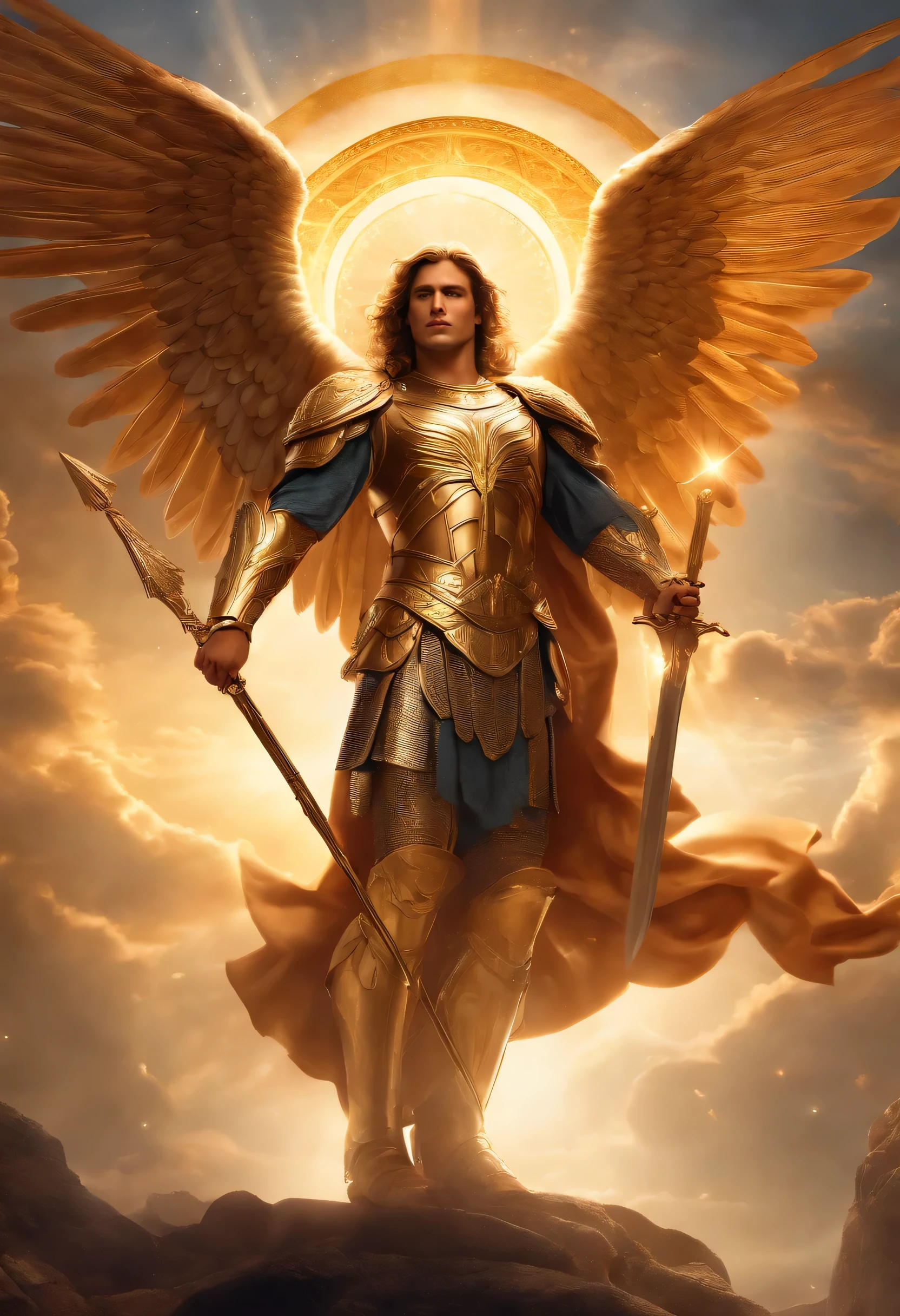 personagem masculino, arcanjo Miguel, astronomical images, detalhes intrincados, realist, Rosa e grandes asas, Fundo angelical, Catholic illustration image of the arcanjo Miguel, Male characters in the Bible, Michael usa armadura de anjo, cosmic background, Archangel and backlighting, Imagem de corpo inteiro de um anjo, Maximum detail and her angelic face and wings, Pele perfeita realista, A mais alta qualidade de imagem, Miguel ganha destaque na imagem em cores fortes e chamativas.