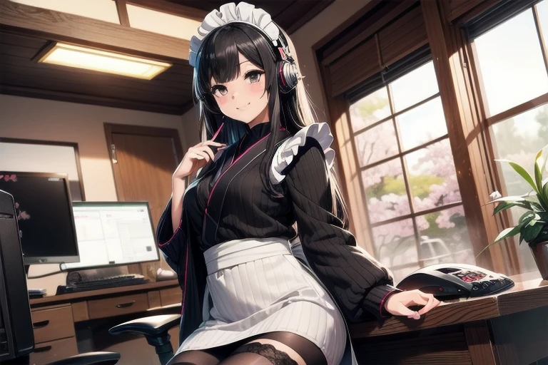 1girl, anime, black eyes, long black hair with square bangs, very long black hair, super long black hair, skirt and stockings, heels, black Japanese style kimono mixed with ribbed black sweater with red accents and sakura floral design, ((ribbed black sweater)) adult, (Japanese shrine/temple background), gamer, (((gamergirl))),  (((office lady))), kimono sleeves, garter, graceful, (((maid uniform design))), broom, sweeping, cleaning, happy, feather duster, headphones, (sakura floral design)