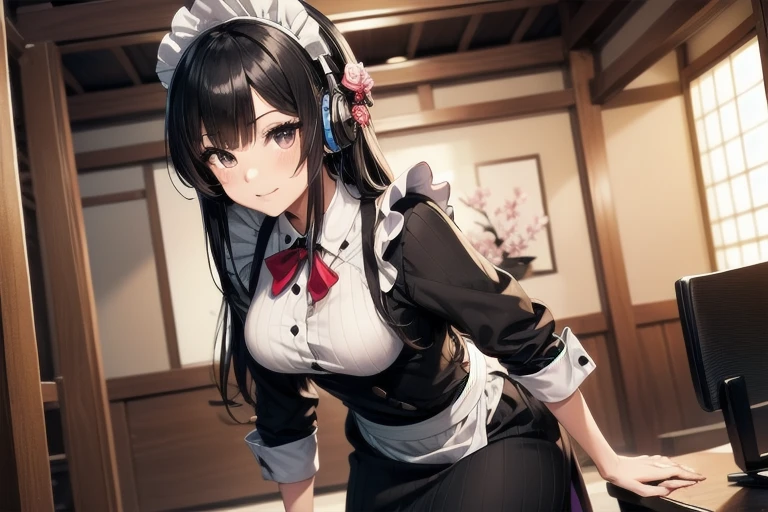 1girl, anime, black eyes, long black hair with square bangs, very long black hair, super long black hair, skirt and stockings, heels, black Japanese style kimono mixed with ribbed black sweater with red accents and sakura floral design, ((ribbed black sweater)) adult, (Japanese shrine/temple background), gamer, (((gamergirl))),  (((office lady))), kimono sleeves, garter, graceful, (((maid uniform design))), broom, sweeping, cleaning, happy, feather duster, headphones, (sakura floral design)