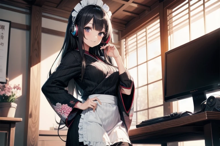 1girl, anime, black eyes, long black hair with square bangs, very long black hair, super long black hair, skirt and stockings, heels, black Japanese style kimono mixed with ribbed black sweater with red accents and sakura floral design, ((ribbed black sweater)) adult, (Japanese shrine/temple background), gamer, (((gamergirl))),  (((office lady))), kimono sleeves, garter, graceful, (((maid uniform design))), broom, sweeping, cleaning, happy, feather duster, headphones, (sakura floral design)