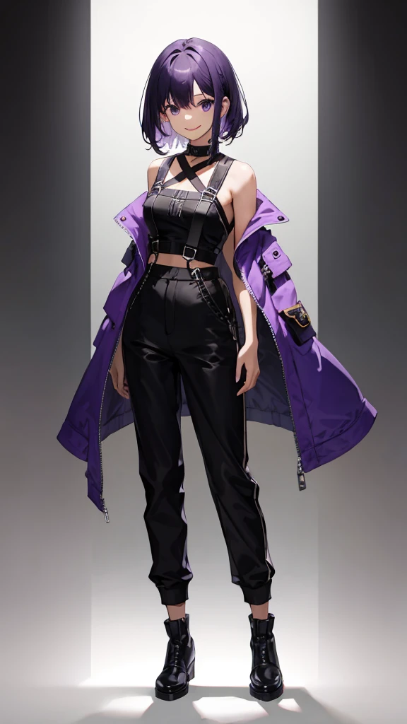 purple hair girl,medium hair,Harness,pants,simple background,smile,whole body,full body,full body,arm to the side,Standing picture,vtuber,front,from front,Viewer&#39;s perspective,視線をfrontに,