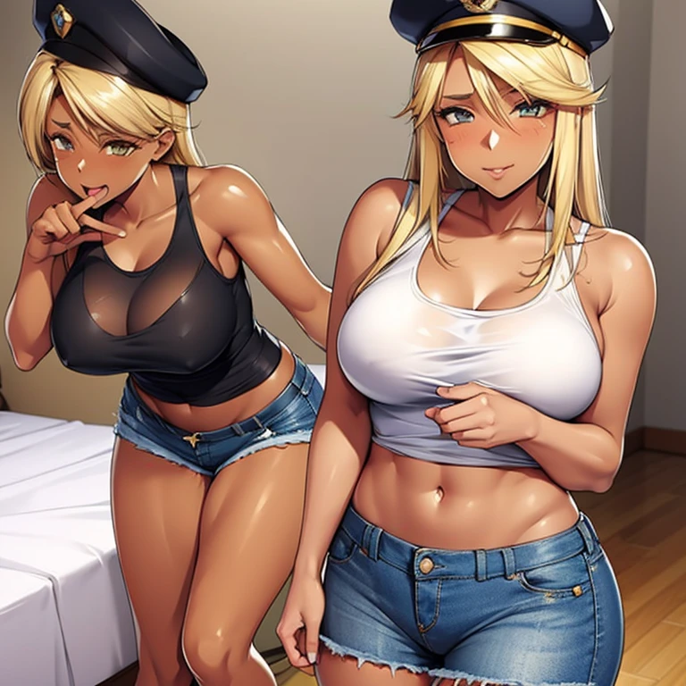 One beautiful woman, a charming face, long blonde hair, black police hat, white tank top, see-through breasts, exposed navel, ripped denim shorts, emphasis on crotch, sexy pose, Bedroom Inviting gestures Transparent clothes American girl