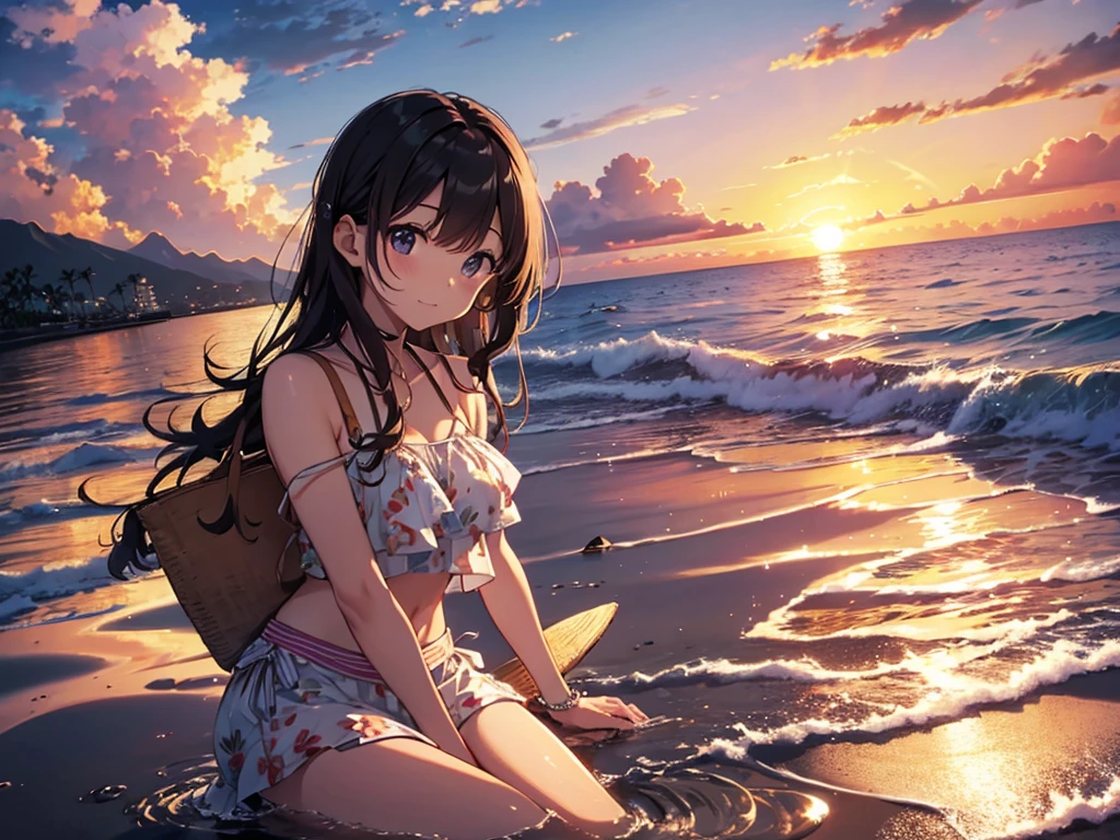 At dusk in the summer、Sitting on the beach、Two girls watching the sunset