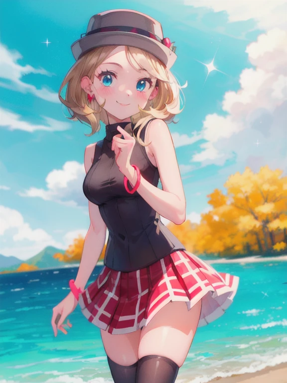 gonzarez, masterpiece, Serenaj, 1girl, grey headwear, solo, jewelry, thighhighs, sleeveless turtleneck, turtleneck, skirt, smile, sweater vest, blonde hair, earrings, hat, blue eyes, sleeveless, closed mouth, eyelashes, vest, blush, bangs, breasts, medium hair, bracelet, looking at viewer, outdoors, black thighhighs, brown thighhighs, sky, day, sparkle, shiny, cloud, pleated skirt, red skirt, brown vest, water, cowboy shot,