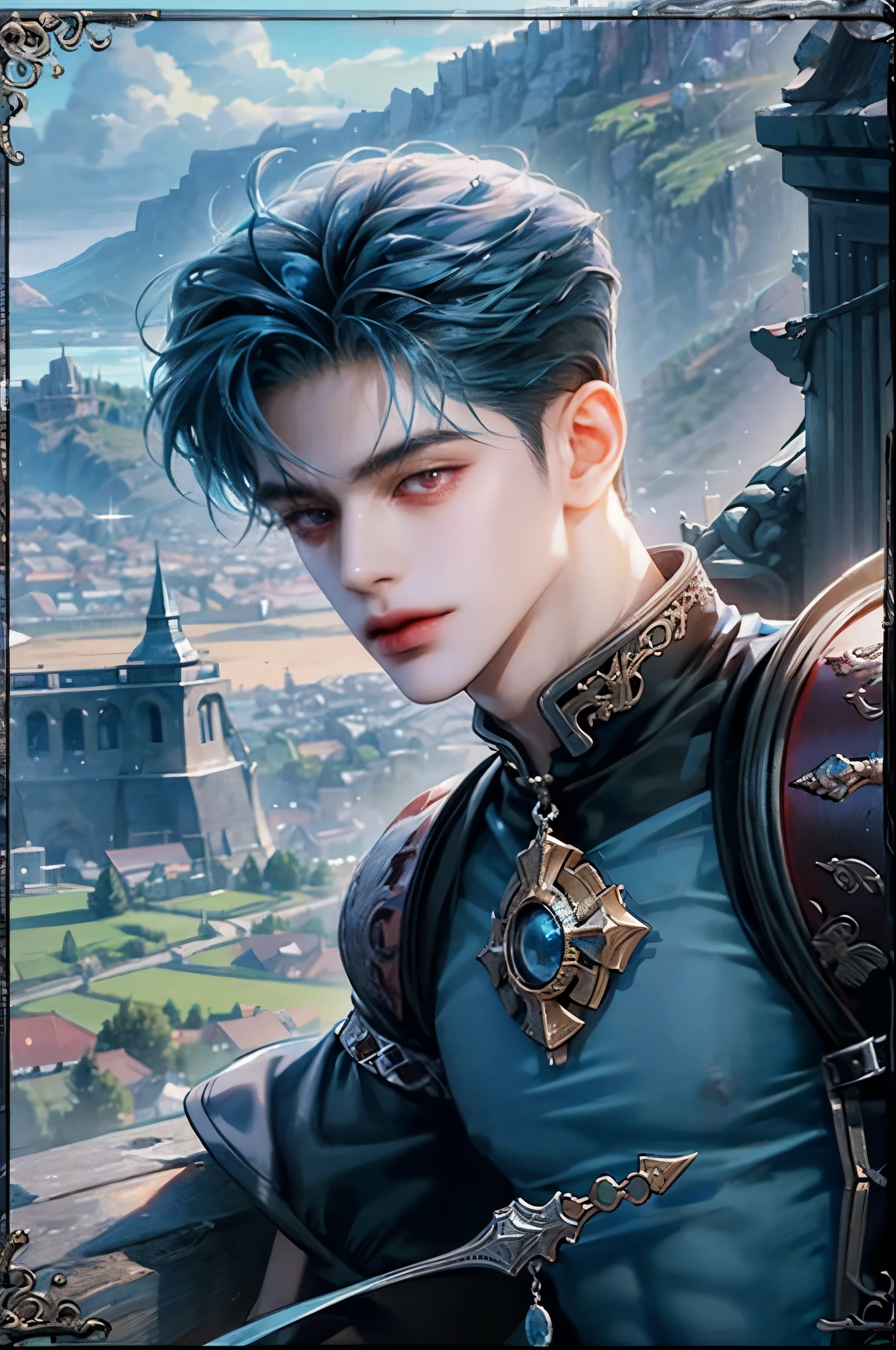 masterpiece, best quality, 1man, teen, male focus, solo, medium blue hair, vibrant red eyes, looking at viewer, closed mouth, emo, Fantasy aesthetics, Highly detailed, Ragnarok online game style, hero clothes , town of prontera background