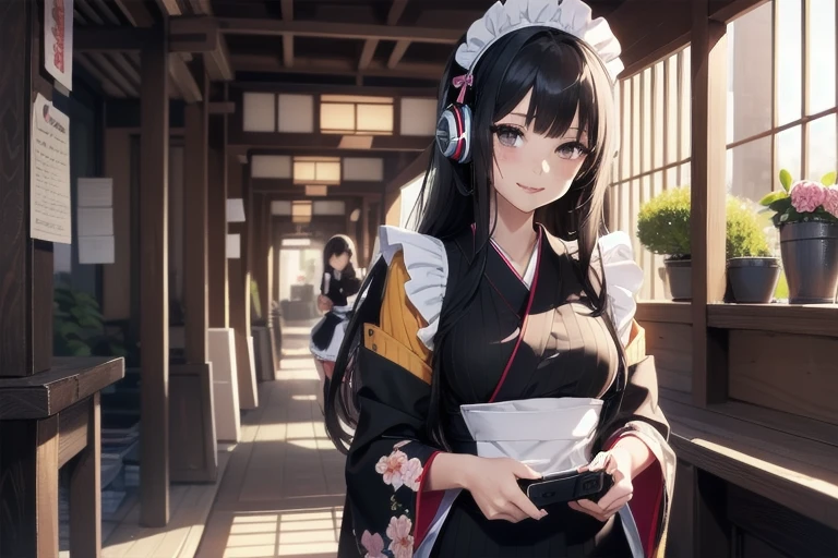 1girl, anime, black eyes, long black hair with square bangs, very long black hair, super long black hair, skirt and stockings, heels, black Japanese style kimono mixed with ribbed black sweater with red accents and sakura floral design, ((ribbed black sweater)) adult, (Japanese shrine/temple background), gamer, (((gamergirl))), (((office lady))), kimono sleeves, garter, graceful, (((maid uniform design))), broom, sweeping, cleaning, bucket of water, cinderella story, happy, feather duster, headphones, (sakura floral design)