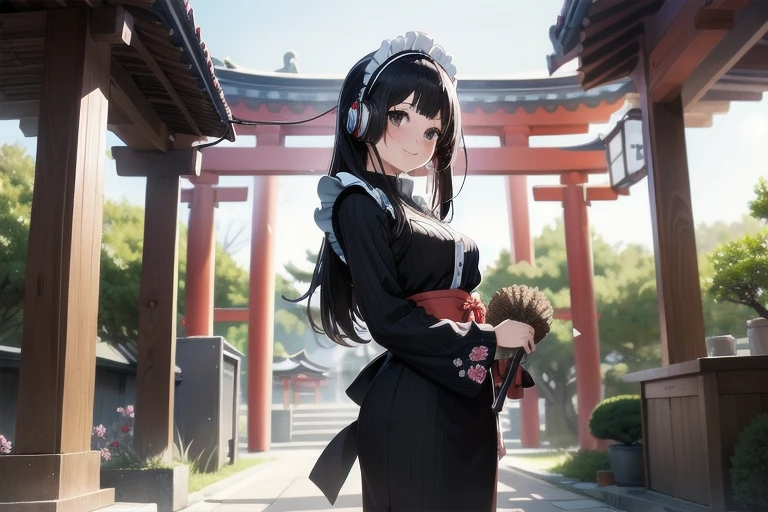 1girl, anime, black eyes, long black hair with square bangs, very long black hair, super long black hair, skirt and stockings, heels, black Japanese style kimono mixed with ribbed black sweater with red accents and sakura floral design, ((ribbed black sweater)) adult, (Japanese shrine/temple background), gamer, (((gamergirl))),  (((office lady))), kimono sleeves, garter, graceful, (((maid uniform design))), broom, sweeping, cleaning, bucket of water, cinderella story, happy, feather duster, headphones, (sakura floral design)