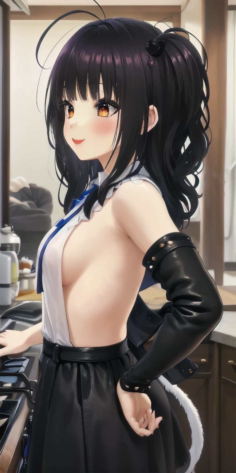 1 chica, solo, Pelo largo negro con orejas de gato, mujer madura, pechos grandes, muslos, alto, (desnudo:1.2), delantal, sonriente, (rubor:1.1), cocina