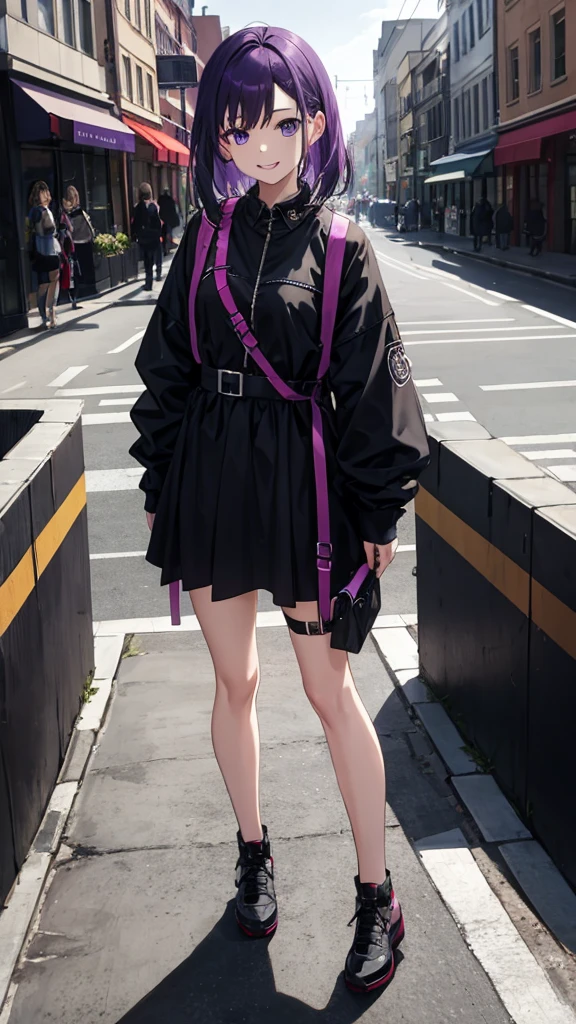 purple hair girl,medium hair,Harness,Street fashion,simple background,smile,whole body,full body,full body,arm to the side,Standing picture,vtuber,front,from front,Viewer's perspective,視線をfrontに,