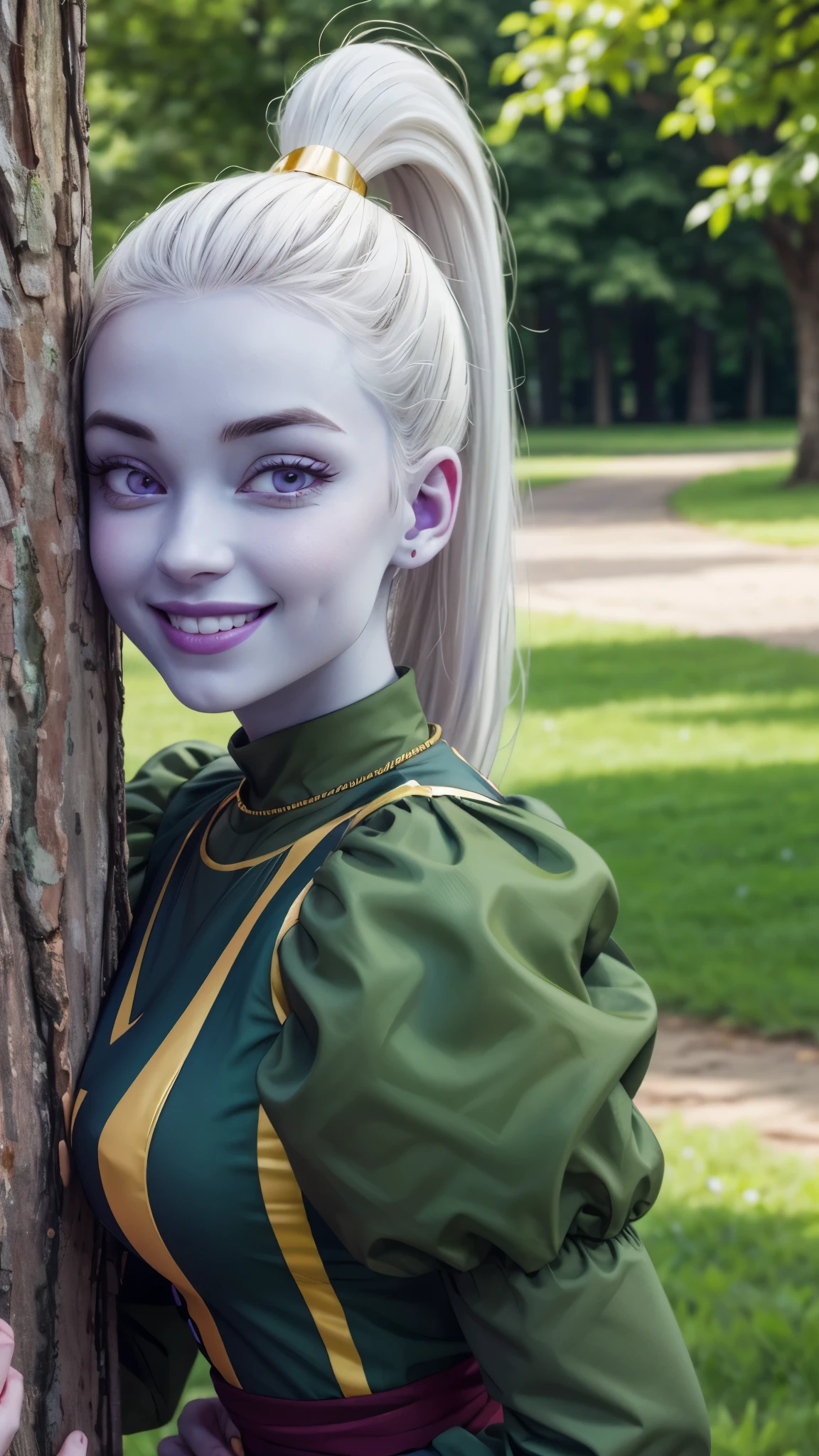 vados, blue skin, white hair, purple eyes, ponytail, blue skin,green dress, puffy sleeves, looking at viewer,smiling, close up portrait, outside, grass, trees,park, winter, blue sky, high quality, masterpiece, 