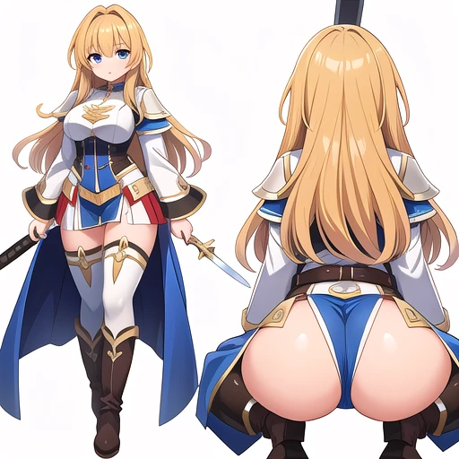 masterpiece, best quality, solo, ((white background)), full body, multiple views, boots, sword, sex from behind, squatting,