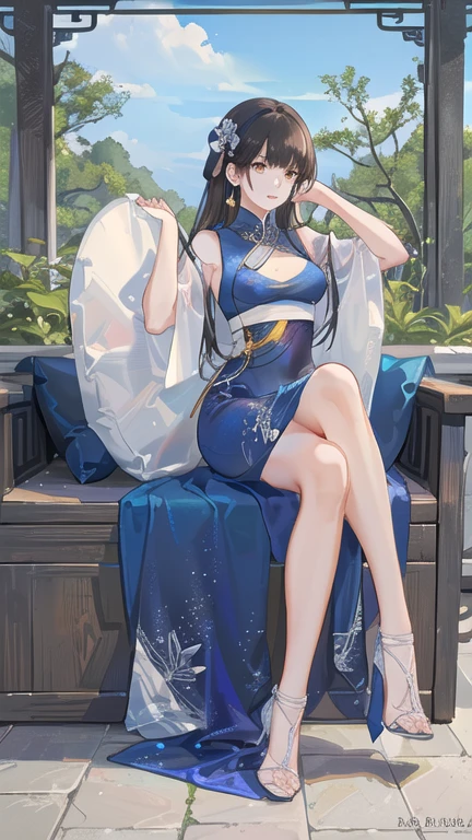 long black hair, Blue and white porcelain, cheongsam, white high heels