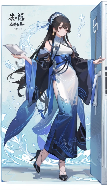 long black hair, Blue and white porcelain, cheongsam, white high heels