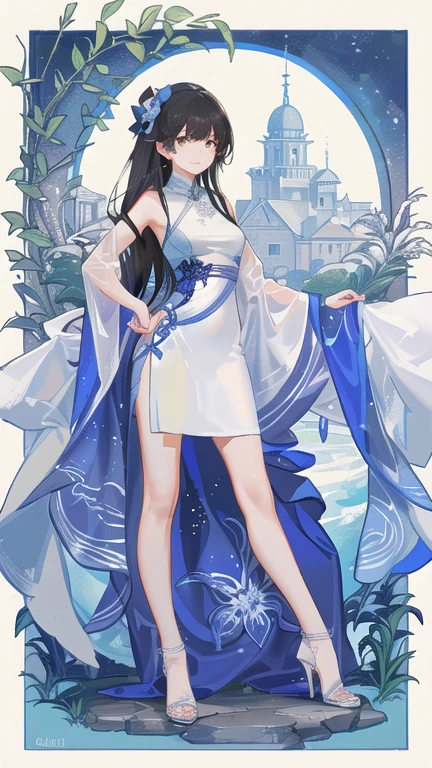 long black hair, Blue and white porcelain, cheongsam, white high heels