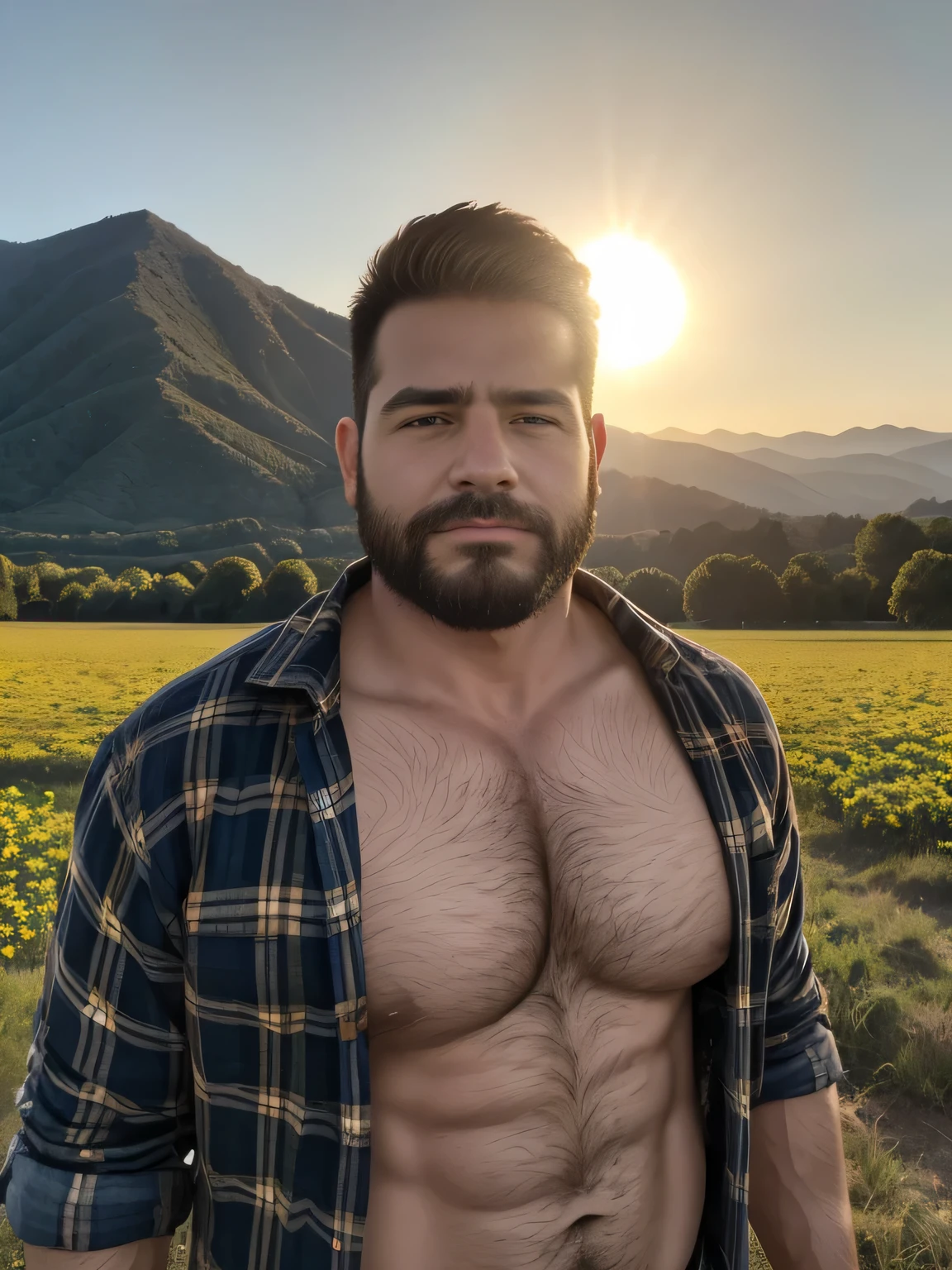 obra maestra, Mejor calidad, high resolution, Retrato de primer plano, (1 chico:1.4) A man in a lumberjack suit, muscular, (descamisado: 1.2) enfoque Masculino, enfocarse solo, piel bronceada, 15 year old man in lumberjack clothes, muscular, fuerte, peludo, Masculino, (descamisado: 1.2), al fondo una granja, en un eclipse de sol, amazing composition, Vista frontal, HDR, volumetric lighting, (plano general, desde el frente:1.2) (GS-Macho :1.5) (magnificent landscape:1.2)