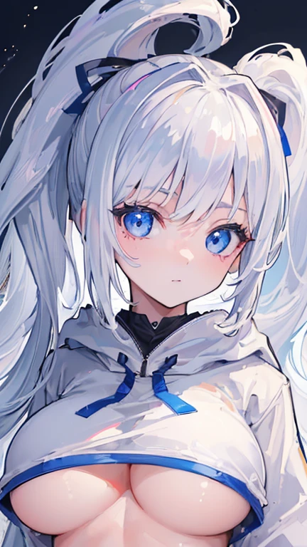 ((highest quality、High resolution、ultra detailed face, 8K、masterpiece:1.8))、dynamic angle、I can see the whole body、wallpaper、1 girl、unparalleled beauty、ultimate beauty、super detailed face、delicate eyes、blue eyes, loving smile、sexy look、shirtlift tease, looking at the camera、Depth of bounds written、light particles、side light、ponytail、silver hair、white hoodie、black panties, cute panties, cropped hoodie underboob, Exposed underboob, huge breasts, white stockings, Sneakers、slim、slender、Street park ,