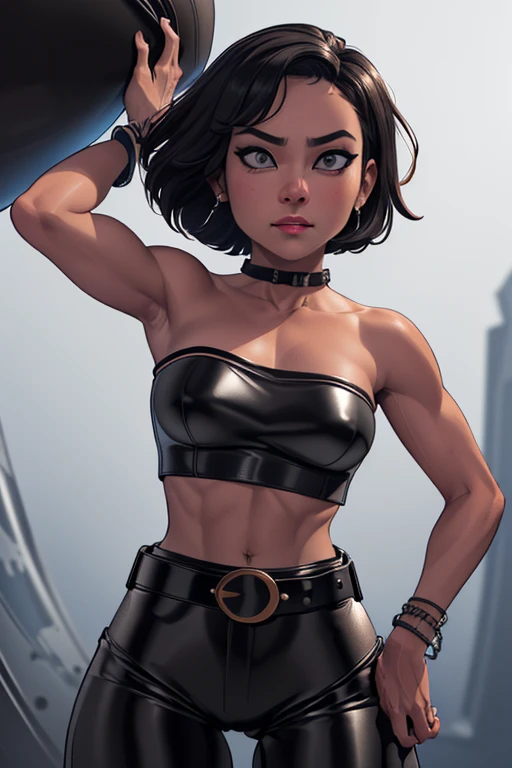 1girl, ((26 year old, Filipino Woman, tanned bronze skin:1.02, short black hair:1.3, Detailed Amber eyes:1.03, Detailed face, medium breasts, (Wearing: Strapless Black tube top, black leather pants, white belt, bracelets:1.2)), (midriff), (agile physique:1.1), (Character Focus),Perfect Anatomy, Looking at Viewer,  4k textures, raw photo, epic artistic, photoreal art, sharp focus, even lighting, insane details, intricate details, hyperdetailed, rich colors