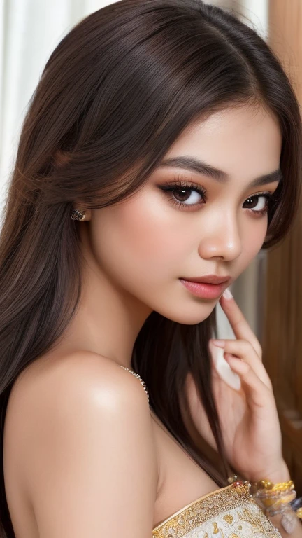 A captivating Indonesian young girl in her early twenties, solo, boasts long, luscious black hair cascading down her shoulders. Her beautifully detailed eyes, almond-shaped and adorned with long, expressive lashes, are a mesmerizing deep brown. Her full, inviting lips, painted a natural hue, complement her serene expression.

This stunningly realistic: 1.37 image, captured in best quality, offers an ultra-detailed, intricate portrayal. Every intricacy of her face is depicted in exquisite detail - from the delicate lines around her eyes, to the flawless texture of her beautiful detailed lips, and the captiv
