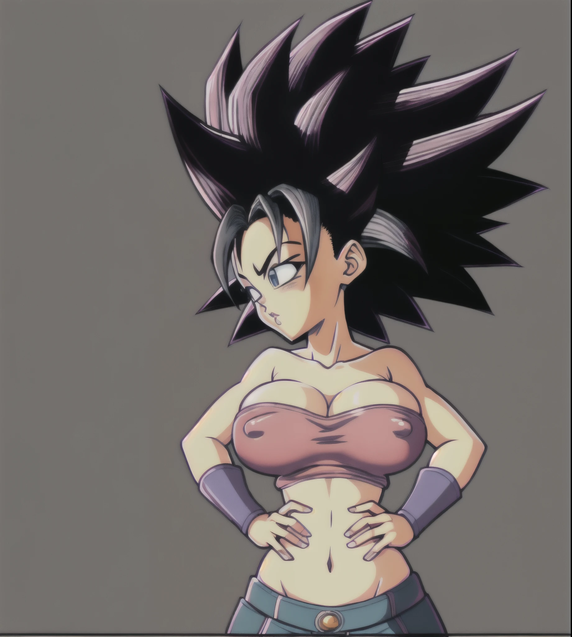 ObraMaestra, resolucion en 4k, una caricatura de una mujer con un pecho muy grande y un pecho muy grande, chica saiyajin, goku femenino, Estilo Akira Toriyama, akira toriyama, pelo saiyajin negro puntiagudo salvaje, by Ikuo Hirayama, toriyama akiri, Dragon Ball Style, inspirado en Akira Toriyama, arte conceptual de dragon ball, huge big breast, cuerpo delgada, detailed nipples, covered nipples, OPPAI skinny perfect shape huge breast, caulifla, caulifla from dragon ball super.