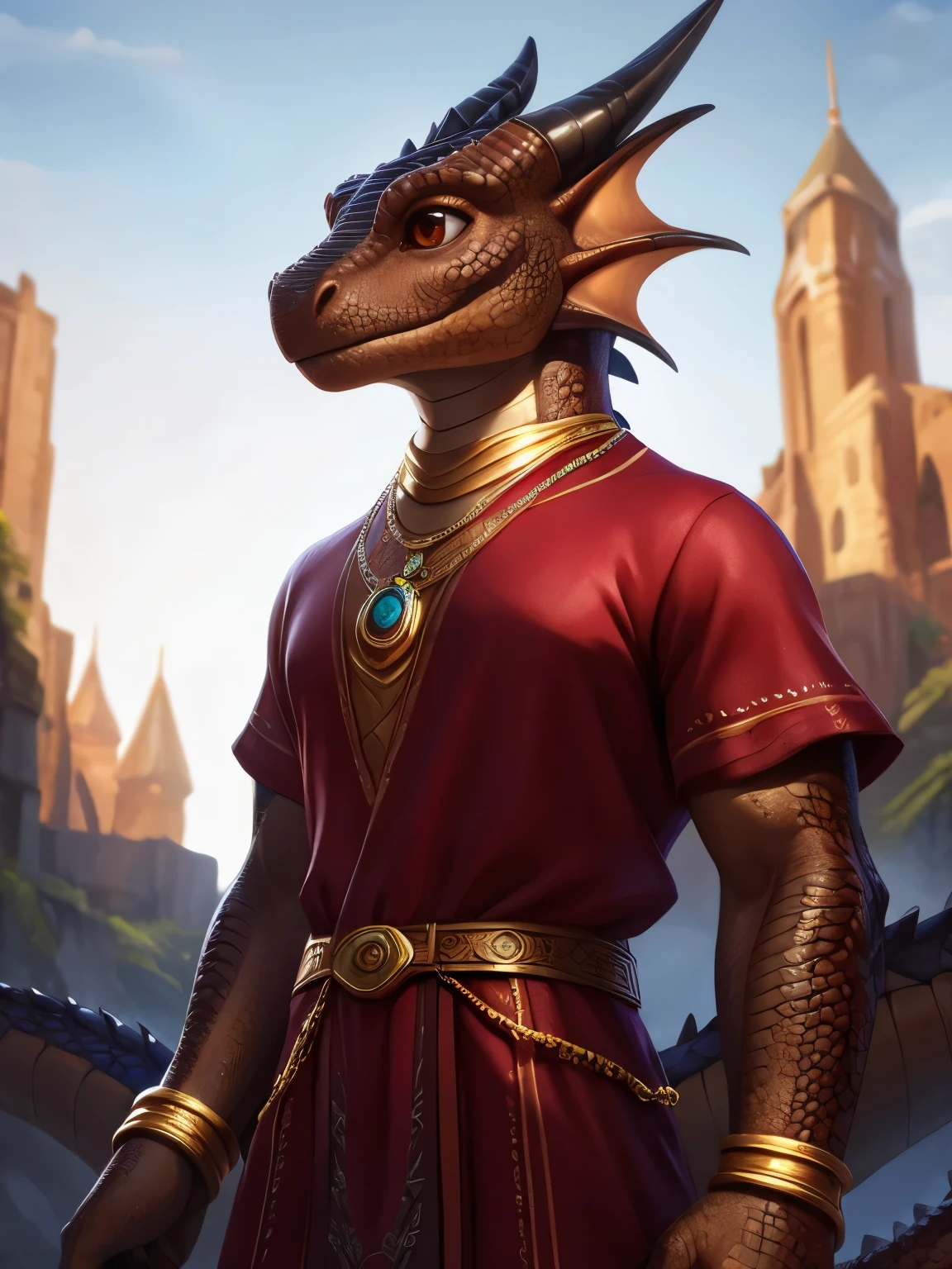 (by pixelsketcher:0.6), (by personalami :0.6), solo,male,((dragon,scale, lizard)),detailed background, (cinematic lighting:1.1), (perfect focus:1.1), 8k hd, photo, (detailed eyes:1.2),depth of field, bokeh, subsurface scattering, wide ,(red tunic, jewelry, gold bracelets, gold necklace, mystical tunic),full body, bright colors, (furry detail),((simple background, white background, single color background)),photorealistic, ultra realistic,realistic, photorealistic,smile,(scale),(realistic scales:1.1),(tail), (extreme scale),solo,((Brown scales,Brown skin)), ((brown eyes, beautiful eyes,pixar eyes)),full body,sexy legs,pixar style eyes,standing, posing