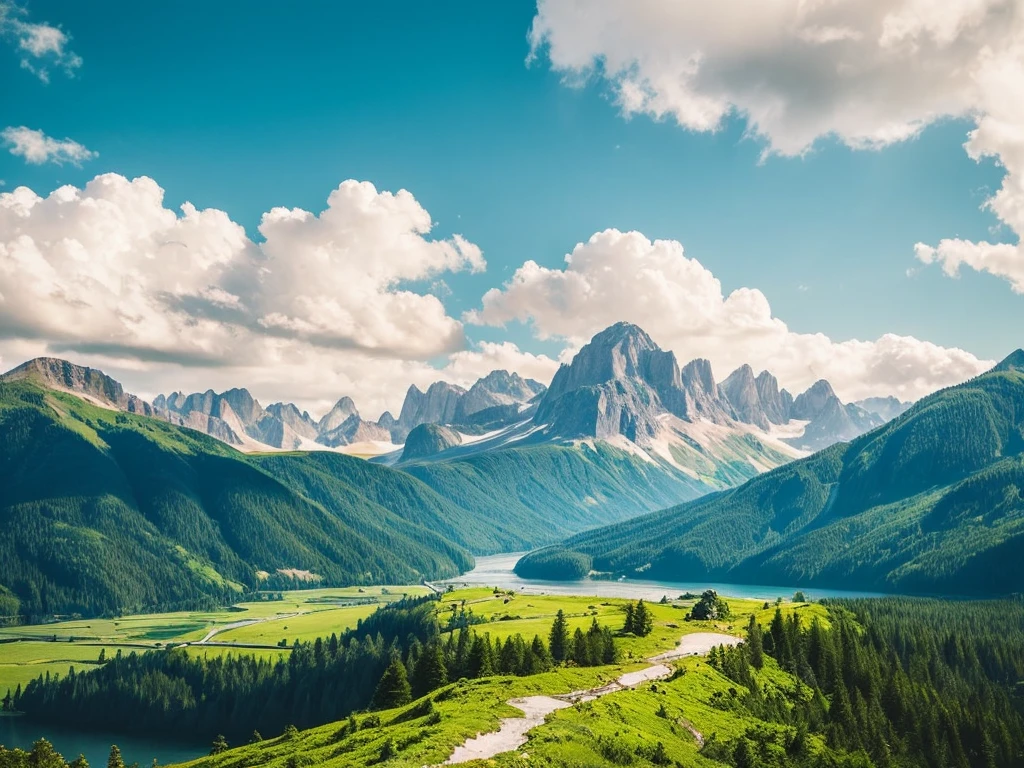detailed background, masterpiece, highest quality, landscape, Mountain, river, forest, sun, Day, cloud