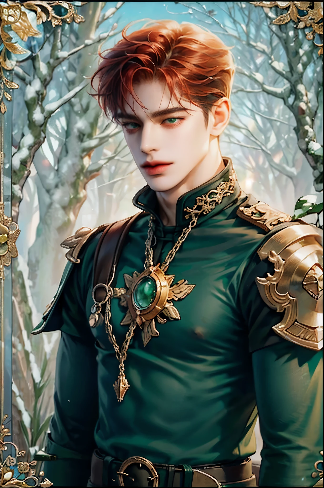 masterpiece, best quality, 1man, teen, male focus, solo, medium red hair, vibrant green eyes, looking at viewer, closed mouth, emo, Fantasy aesthetics, Highly detailed, Ragnarok online game style, hero clothes , forest background