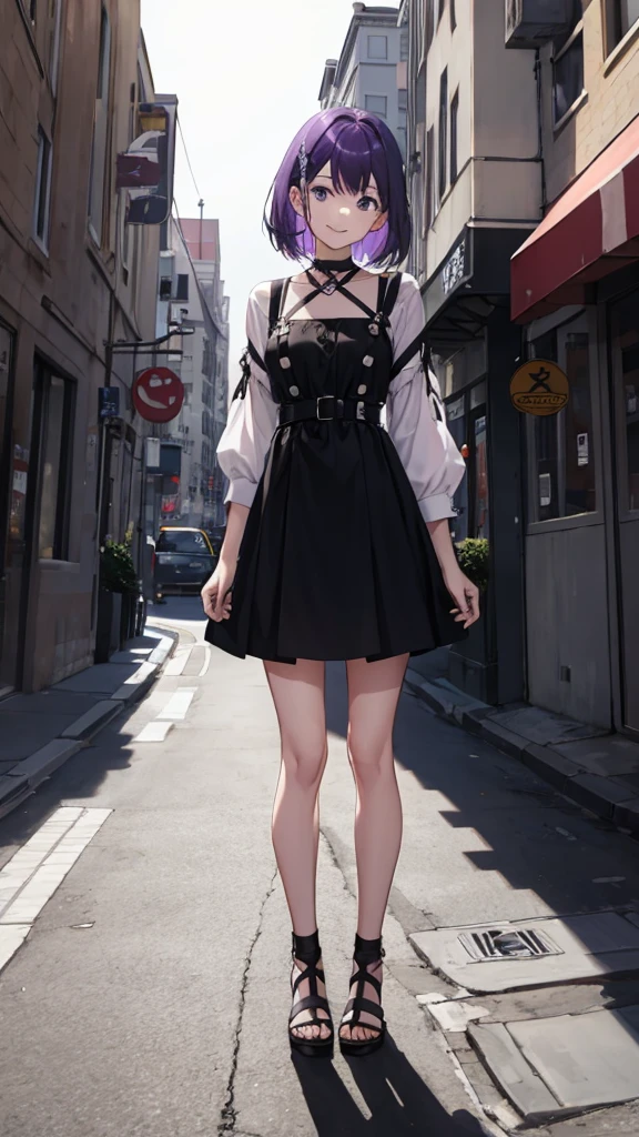 purple hair girl,medium hair,Harness,Street fashion,simple background,smile,whole body,full body,full body,arm to the side,Standing picture,vtuber,front,from front,Viewer's perspective,視線をfrontに,