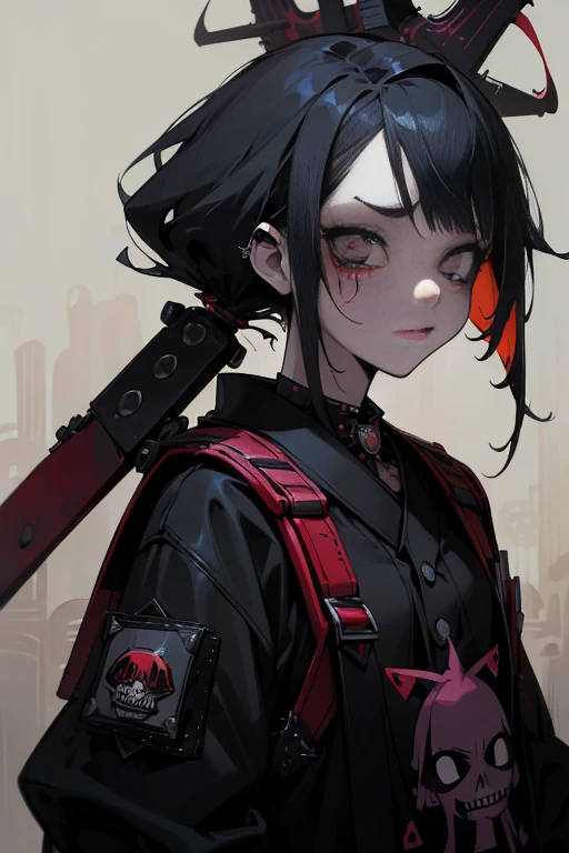 ((18-year-old punk girl,Unusual punk hair:1.3)),((Red and black punk fashion:1.5)),(Skeleton Brooch)Studded clothing、((Punk rock patch))、((Black backpack on the back))、(Light black and blue hair:1.5),Wacky makeup、full body, (masterpiece), (High resolution), (super delicate), scribble, nightmare, doll-like face, cartoon style, rough sketch, Horror elements, Comic style illustration, Japanese painting, Apparition, (Creepy), Japanese carving, crazy illustration, antique, dark atmosphere, flat illustration,Creepyな外観, Distinctive messy hairstyle, creative accessories, unique atmosphere