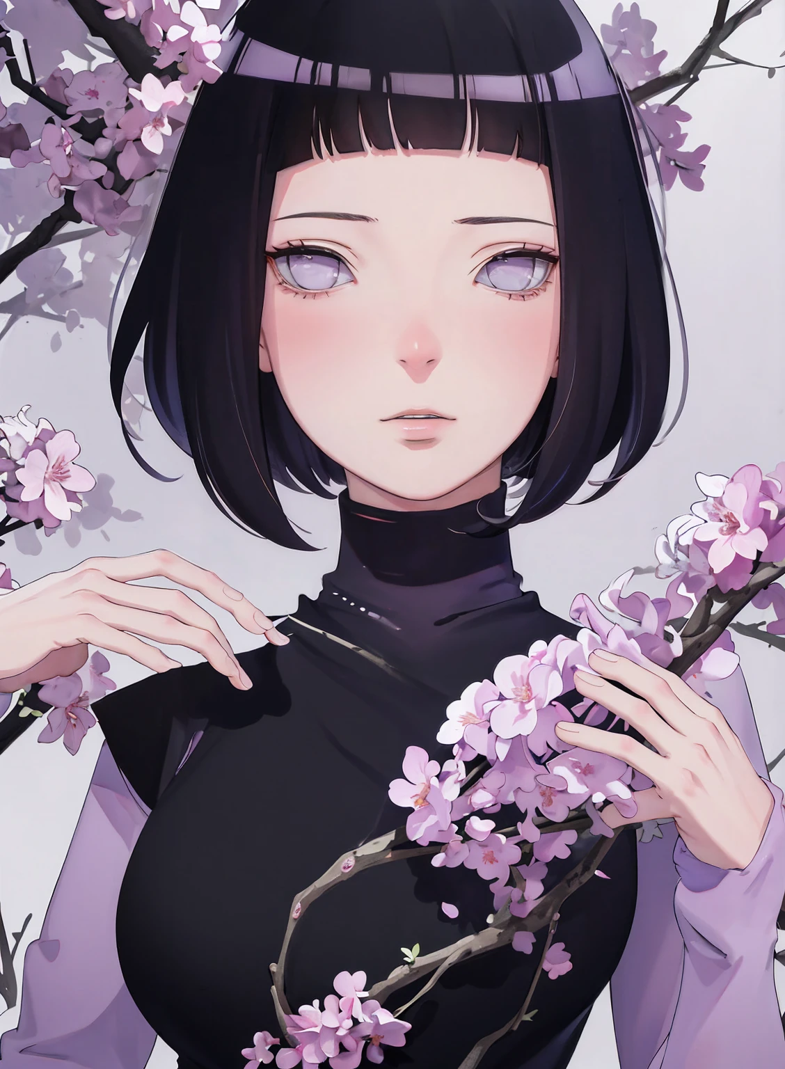 { - anatomy error} (Masterpiece - Ultra-detailed, very high resolution) (huge titusty, masterpiece, absurdres, hinata\(boruto\), 1girl, solo,mature female, lilac turtleneck blouse, black pant, looking at viewelling petals), perfect composition, detailed lips, big breast, beautiful face, body propotion, blush, (pink lips), short hair, (black hair), purple eyes, soft gaze, super realistic, detailed, photoshoot, realistic face and body, closed mouth , lilac eyes, upper body, hidden hands, perfect fingers, inocent face, portrait, , backwards, looking back, dynamic poses