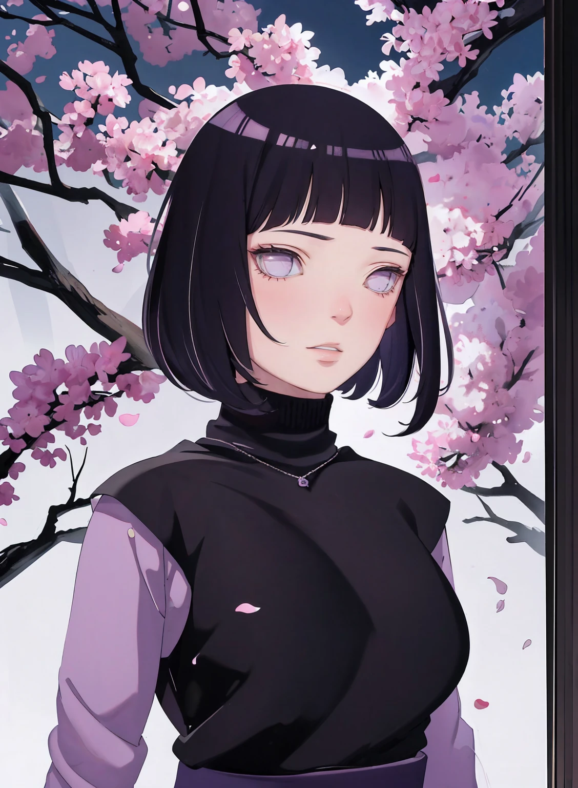 { - anatomy error} (Masterpiece - Ultra-detailed, very high resolution) (huge titusty, masterpiece, absurdres, hinata\(boruto\), 1girl, solo,mature female, lilac turtleneck blouse, black pant, looking at viewelling petals), perfect composition, detailed lips, big breast, beautiful face, body propotion, blush, (pink lips), short hair, (black hair), purple eyes, soft gaze, super realistic, detailed, photoshoot, realistic face and body, closed mouth , lilac eyes, upper body, hidden hands, perfect fingers, inocent face, portrait, , backwards, looking back, dynamic poses